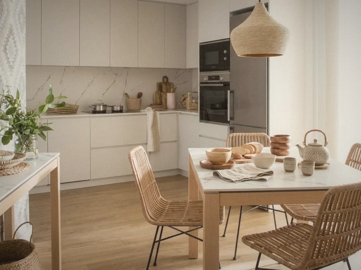 Cocina en L con comedor de madera y sillas de fibra natural